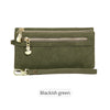 A dark olive green retro long wallet with a silver zipper and leather trim.