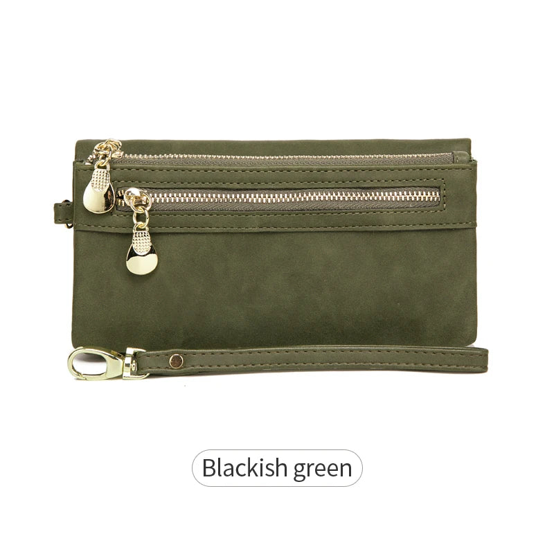 A dark olive green retro long wallet with a silver zipper and leather trim.
