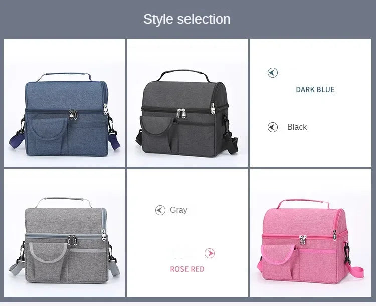 A selection of reusable insulated lunch bags in dark blue, black, gray, and rose red.