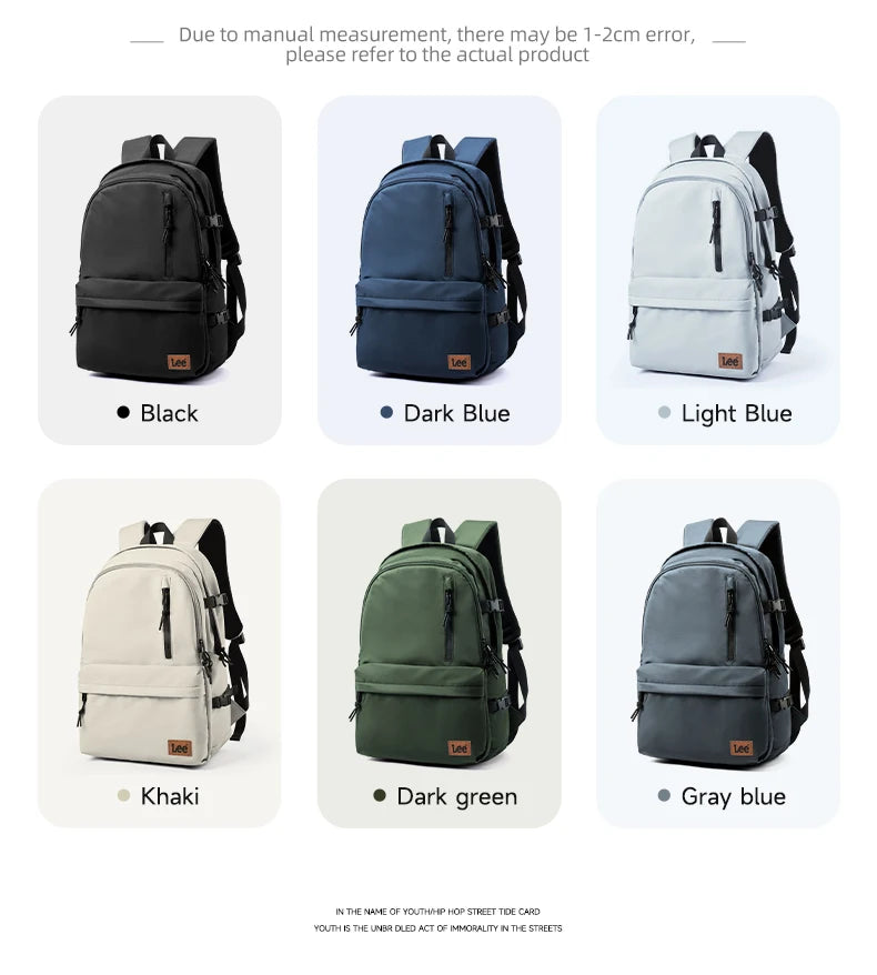 A collection of Oxford school backpacks in various colors including black, dark blue, light blue, khaki, dark green, and gray