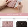 A hand holds a pink quilted double zipper wallet next to an iPhone, with color options including brown, white, and blue.