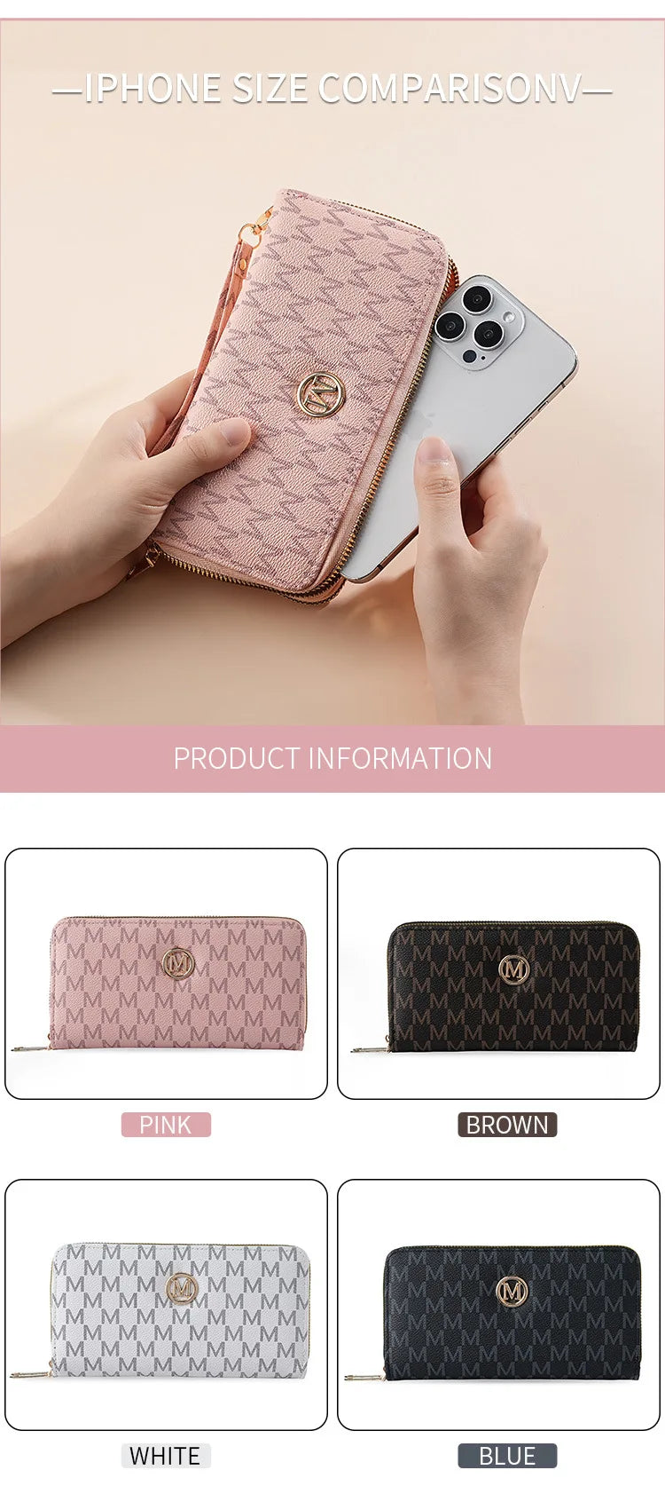 A hand holds a pink quilted double zipper wallet next to an iPhone, with color options including brown, white, and blue.