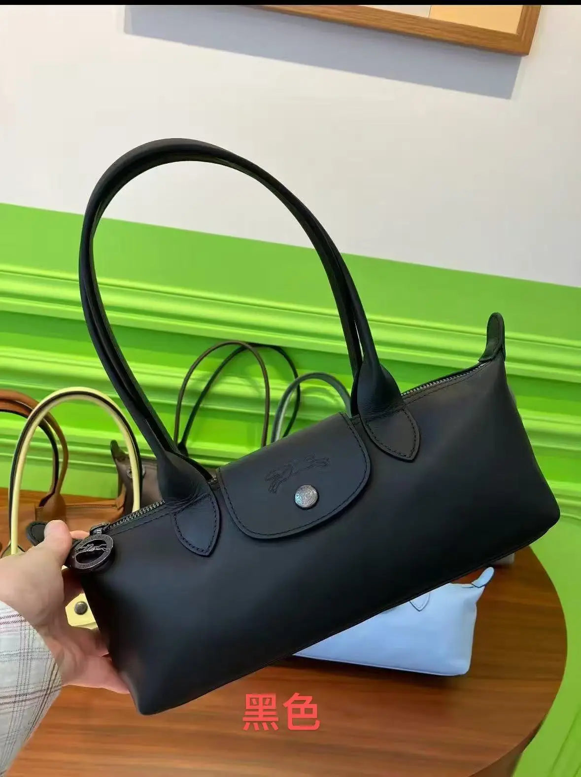 A black storage shoulder bag is shown against a bright green wall, held by a hand.