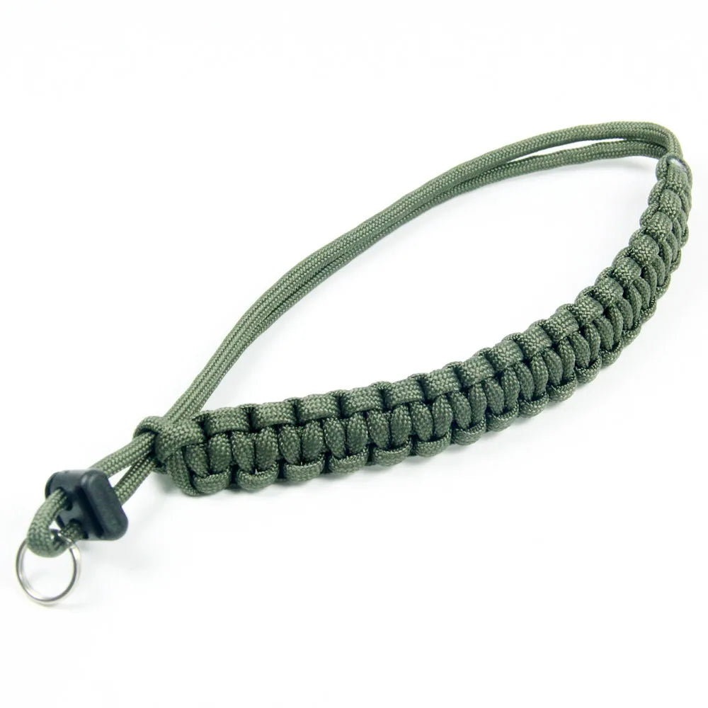 Handwoven paracord camera wrist strap in olive green color