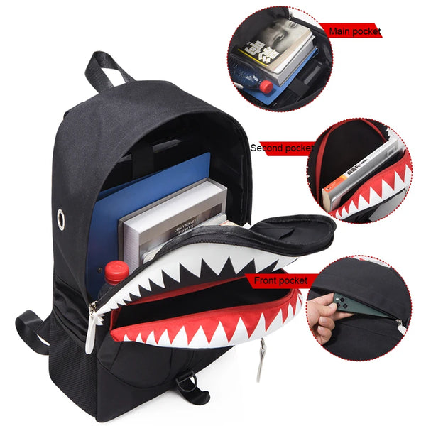 A black backpack with multiple pockets, including a main pocket, second pocket, and a front pocket.