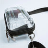 A clear plastic cosmetic bag with a black strap and metal clip is shown against a white background.