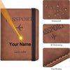A brown PU leather passport holder wallet showing features like waterproof coating, 3D embossing, and fine routing.