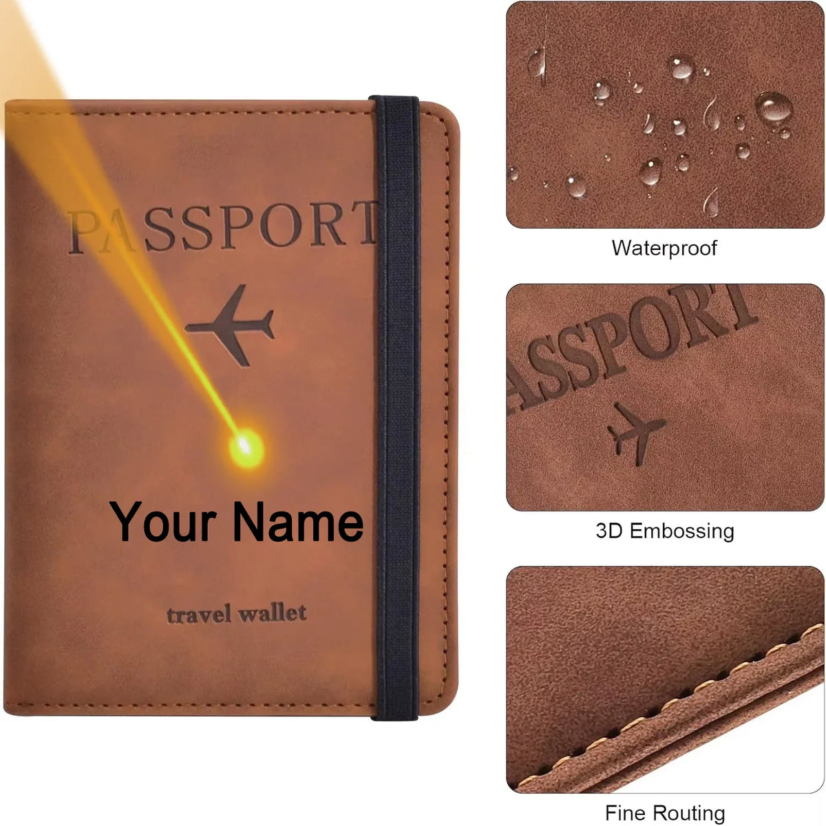 A brown PU leather passport holder wallet showing features like waterproof coating, 3D embossing, and fine routing.
