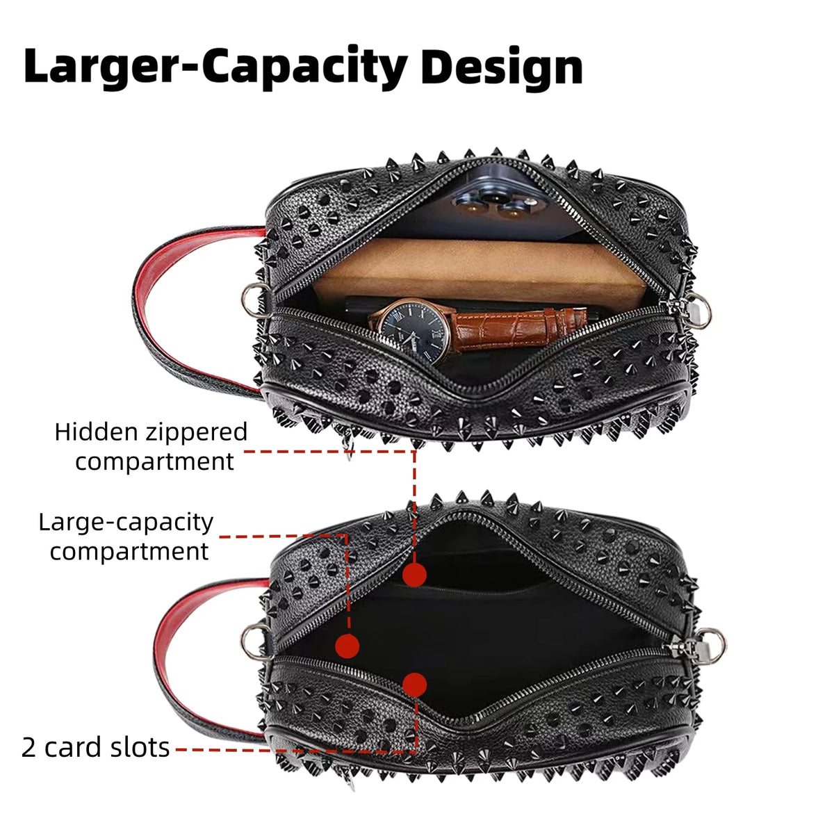 Black punk rivet studded crossbody sling bag with a hidden compartment and two card slots