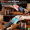 A hand holds a men's card holder with RFID technology, demonstrating its protection feature.