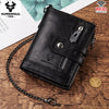 Black men's genuine leather bifold wallet with RFID protection and a silver chain