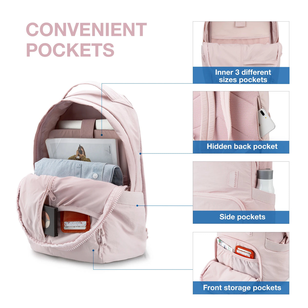 Pink laptop backpack showing various convenient pockets including inner and outer storage compartments