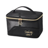 Black mesh travel cosmetic storage pouch with gold zipper and charm