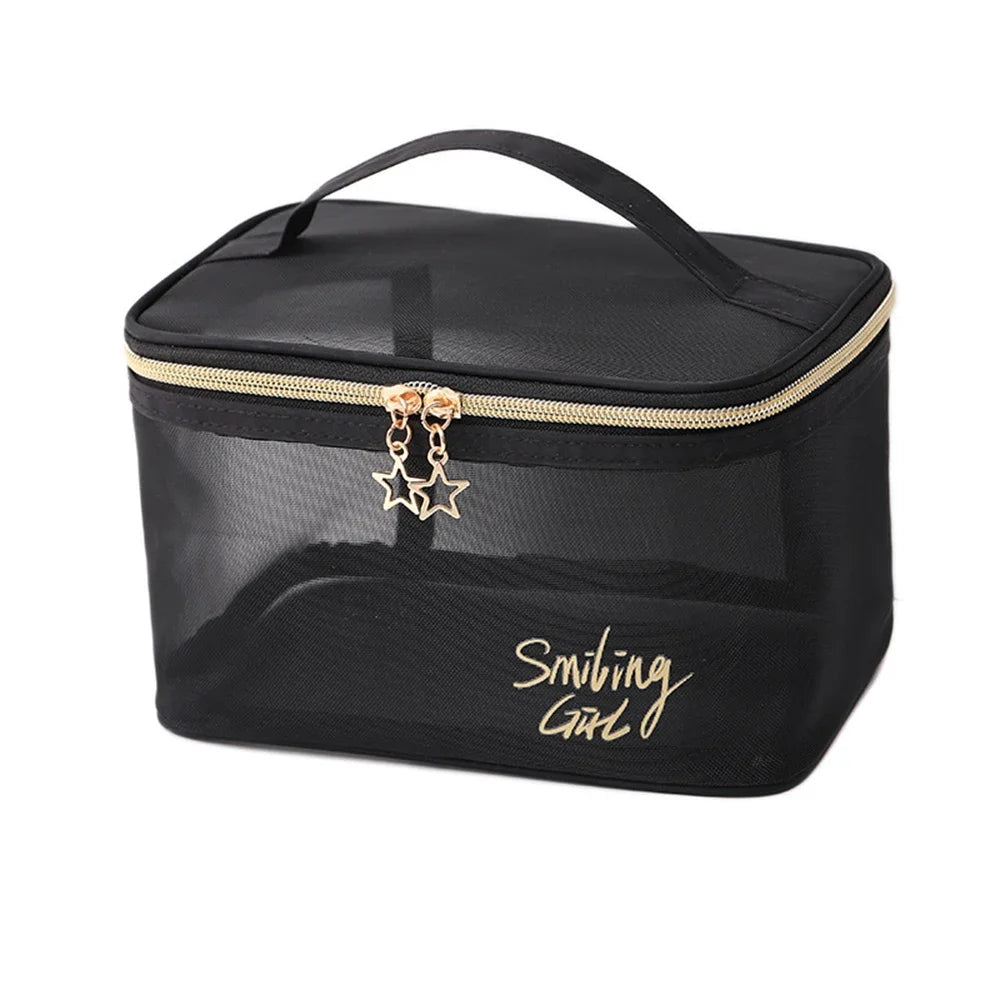 Black mesh travel cosmetic storage pouch with gold zipper and charm
