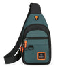 A dark green nylon chest bag with black strap and an orange logo patch.