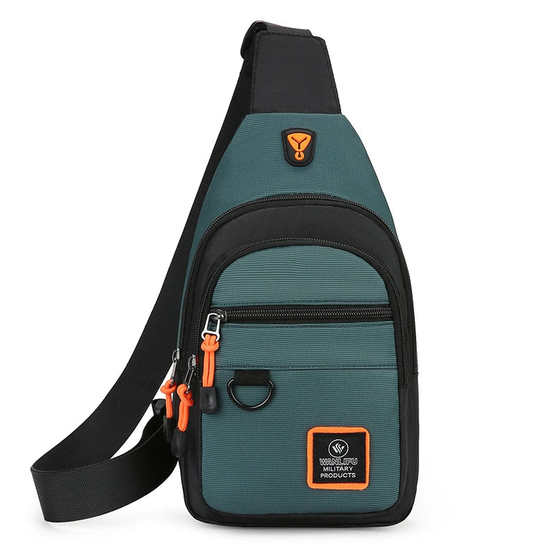 A dark green nylon chest bag with black strap and an orange logo patch.