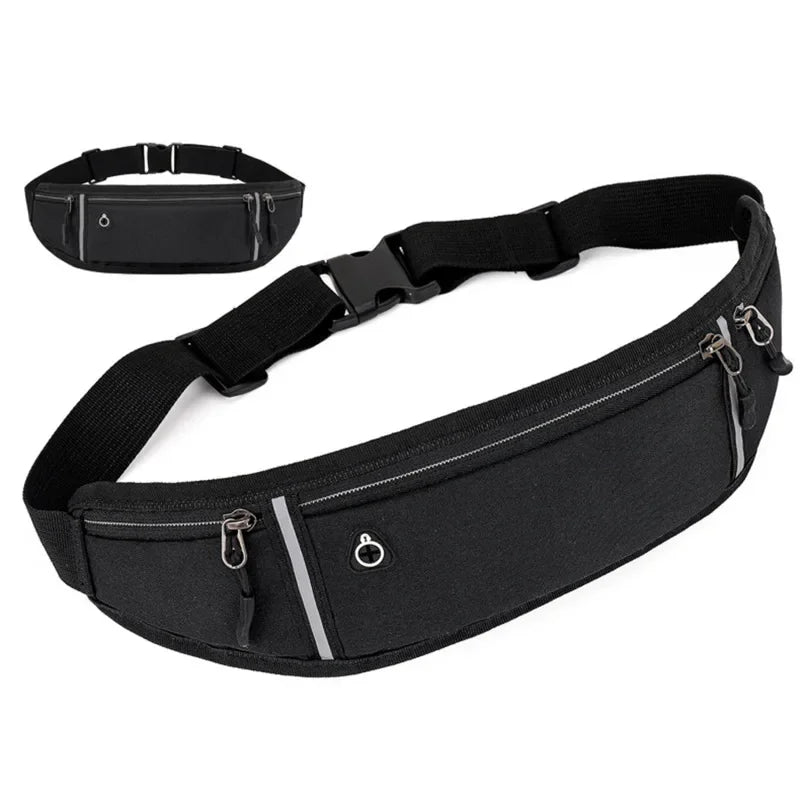Black canvas waist fanny bag with adjustable strap and zipper visible on a white background.