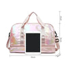 A pink iridescent nylon travel bag designed for fitness and gym equipment.