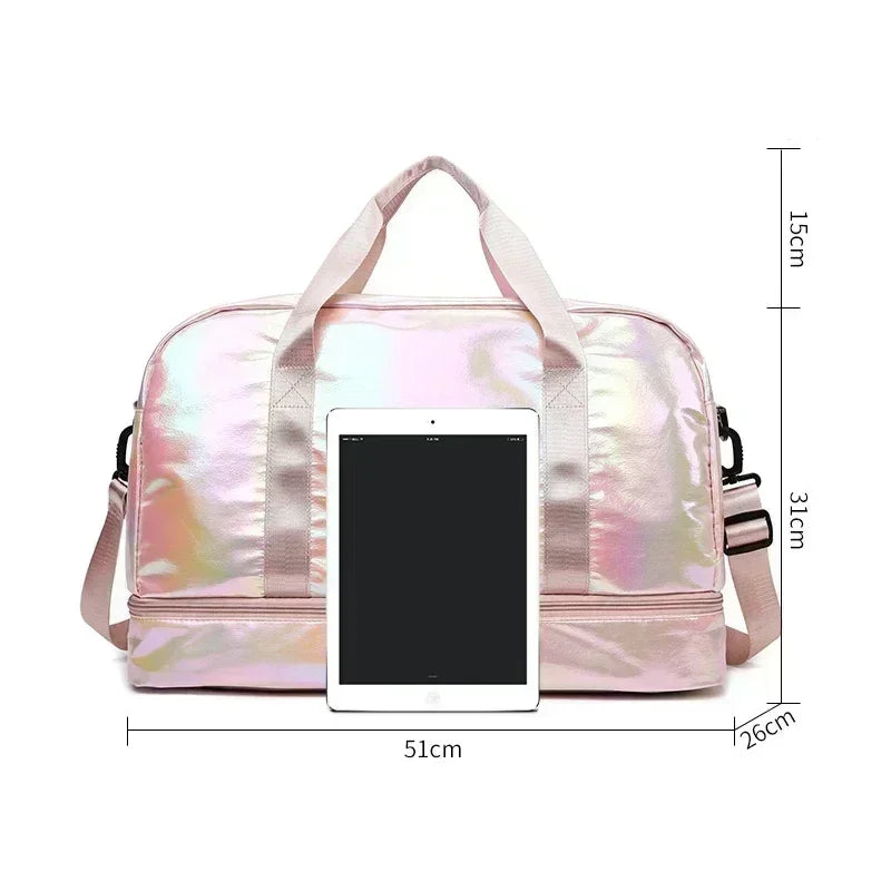 A pink iridescent nylon travel bag designed for fitness and gym equipment.