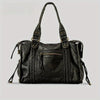 A black vintage washed leather tote bag with gold hardware shown from the front.