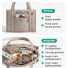 A beige quilted tote bag showing multiple exterior and interior pockets for organization.