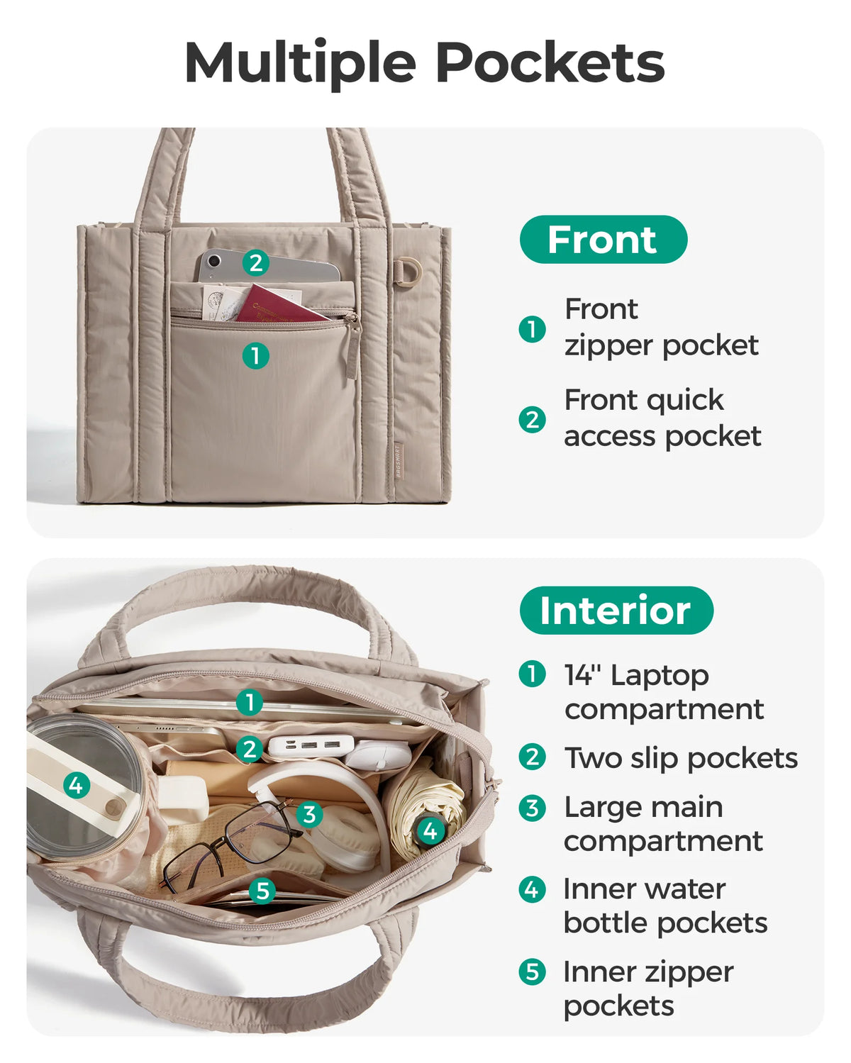 A beige quilted tote bag showing multiple exterior and interior pockets for organization.