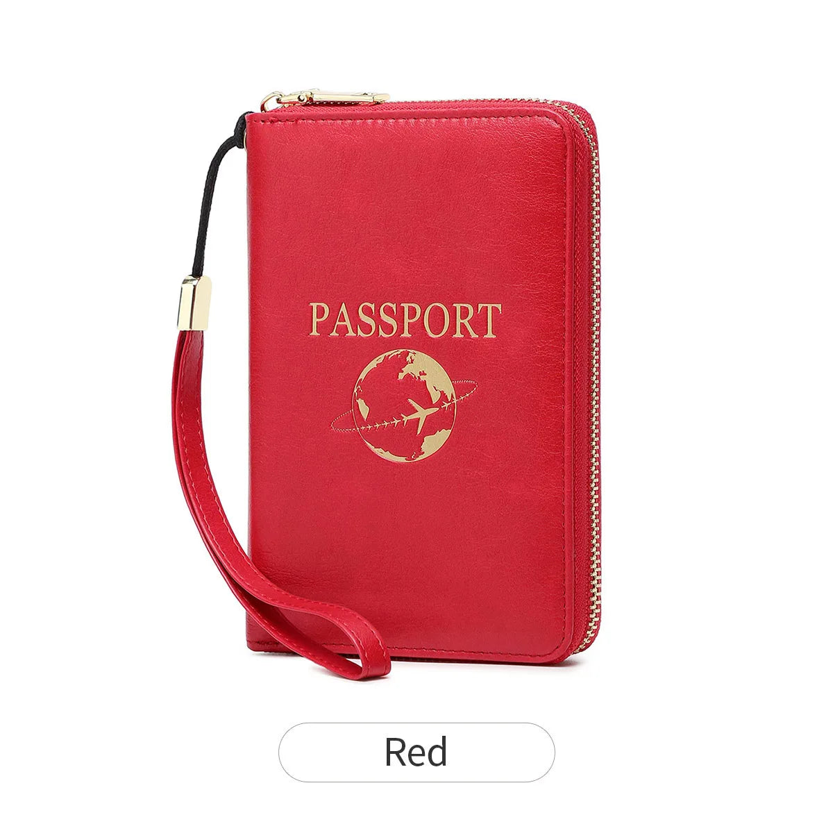 A red passport holder wallet with a wrist strap and gold accents.