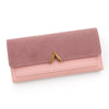 A mauve tri-fold PU card holder wallet with gold accent and light pink lining.