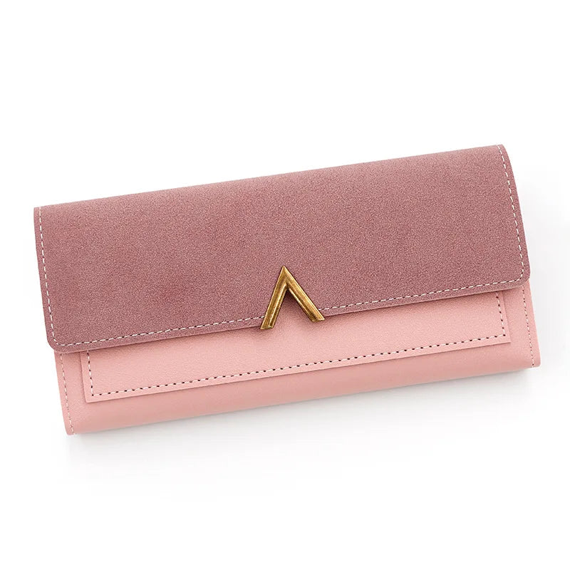 A mauve tri-fold PU card holder wallet with gold accent and light pink lining.