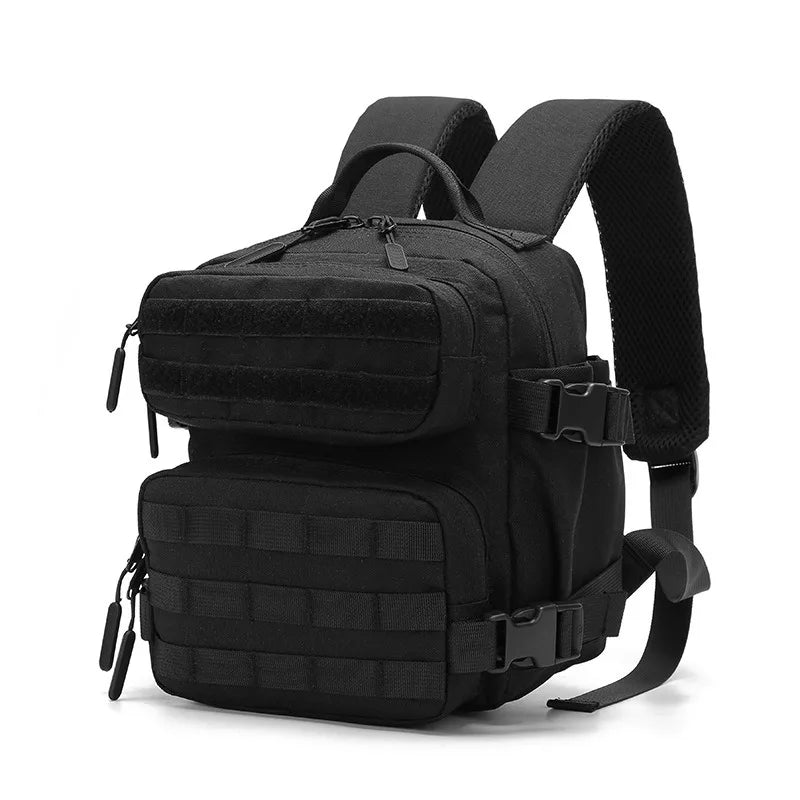 Black tactical MOLLE backpack designed for hiking and everyday carry