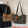 A black blazer is displayed next to a leopard print casual tote bag with brown leather accents.