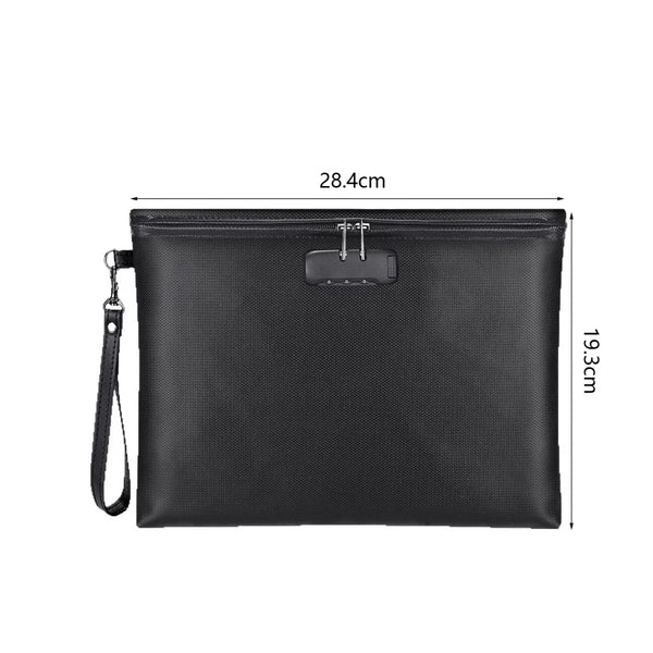 Pochette d'organisation de documents noire, imperméable et ignifuge, mesurant 28,4 cm x 19,3 cm