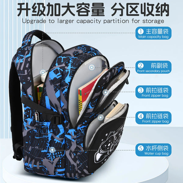 A blue and black patterned storage backpack set featuring multiple compartments for school supplies and lunch bags