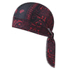 A black sports headband with a red paisley pattern and a drawstring detail.