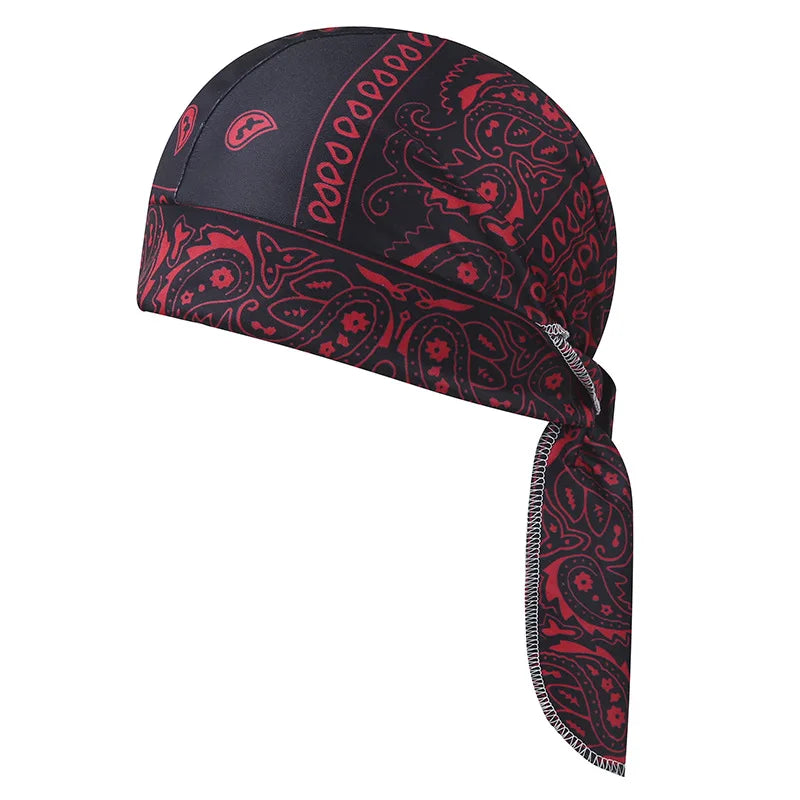 A black sports headband with a red paisley pattern and a drawstring detail.