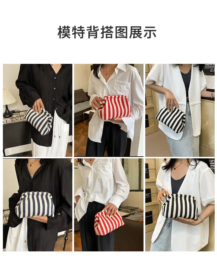 A display showing various striped crochet tote bags with shell accents in black, white, and red on a white shirt background.