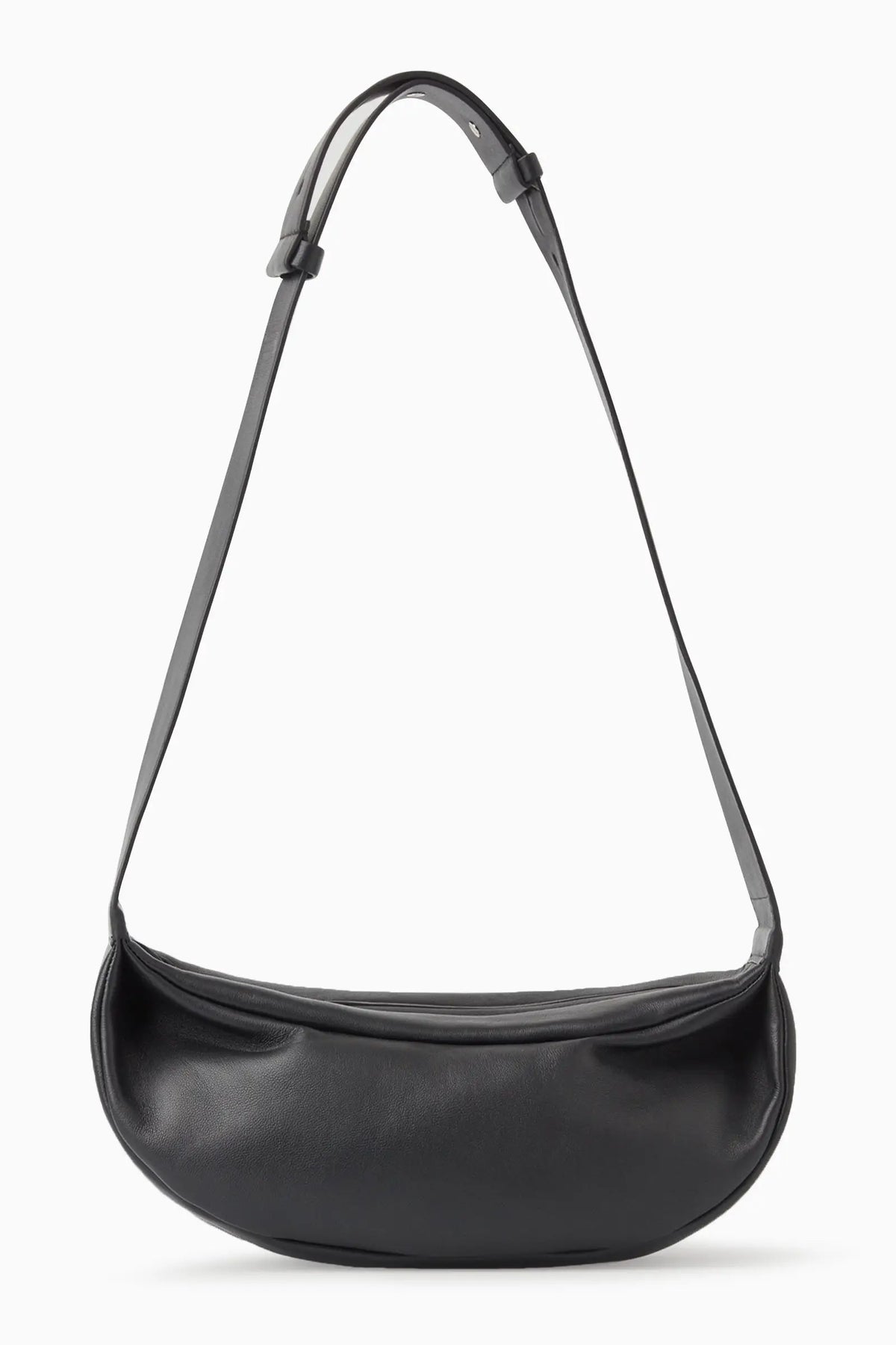 Bolso cruz de cuero genuino negro con correa larga, mostrado contra un fondo blanco.