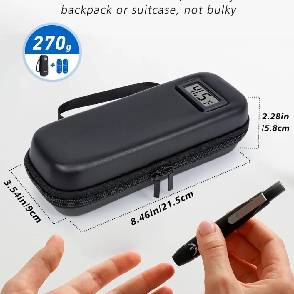 A black insulin cooler travel case with a digital thermometer is shown next to a hand for scale comparison.