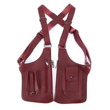 A maroon men's tactical storage vest bag with crossed straps and multiple pockets.