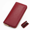 A maroon genuine leather zipper wallet shown from above and a close-up view of the interior.