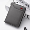 A dark gray ultra-thin PU leather credit card wallet for men resting on a white surface.