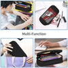 A multi-function black leather pencil case shown in various uses, including a backpack and a fabric pouch.