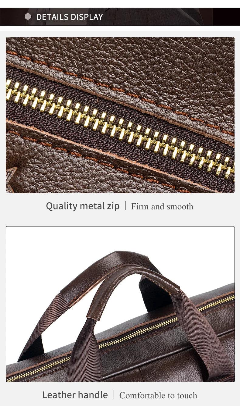 Close-up of a brown leather laptop briefcase showing a gold metal zipper and leather handle.