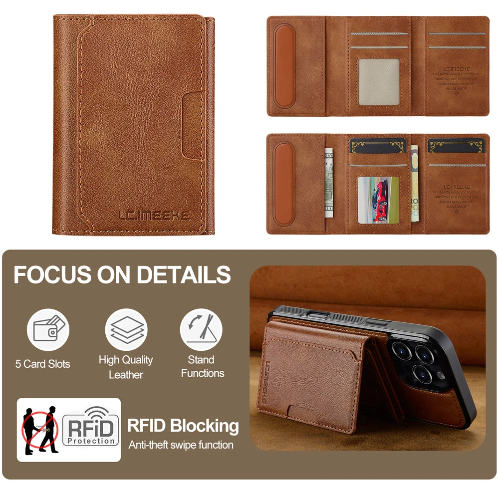 A brown leather multi-card wallet featuring RFID blocking protection and stand functions shown in various layouts.