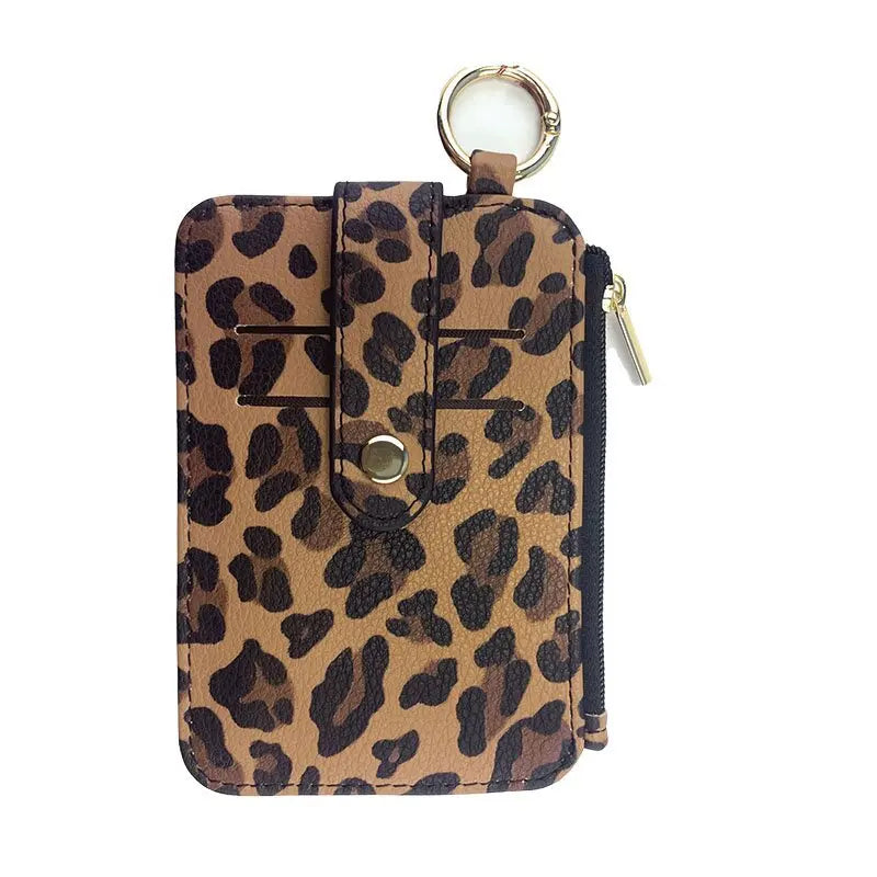 Braunes Leopardenmuster-PU-Leder-Kartenträger-Wallet mit goldfarbenem Schlüsselring.