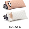 A pink and white 2-piece set featuring an elegant PU leather glasses case and a protective storage bag.