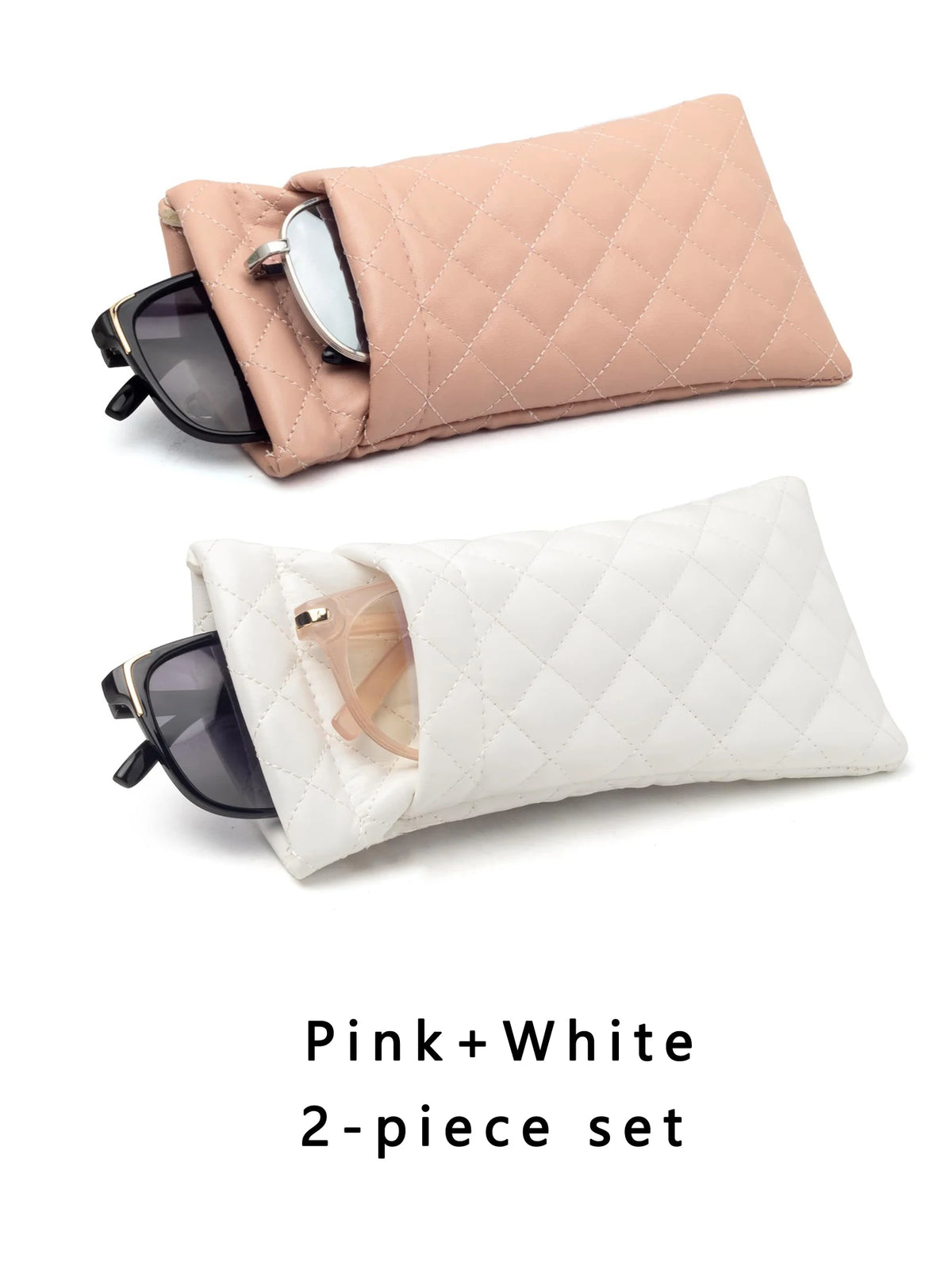 A pink and white 2-piece set featuring an elegant PU leather glasses case and a protective storage bag.