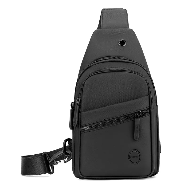 A black lightweight nylon crossbody sling bag with a zippered compartment and adjustable strap.
