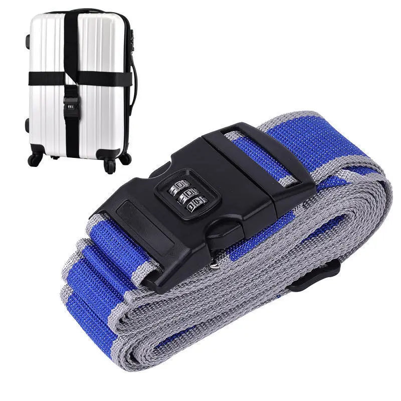 A gray and blue adjustable luggage cross strap with a black combination lock.