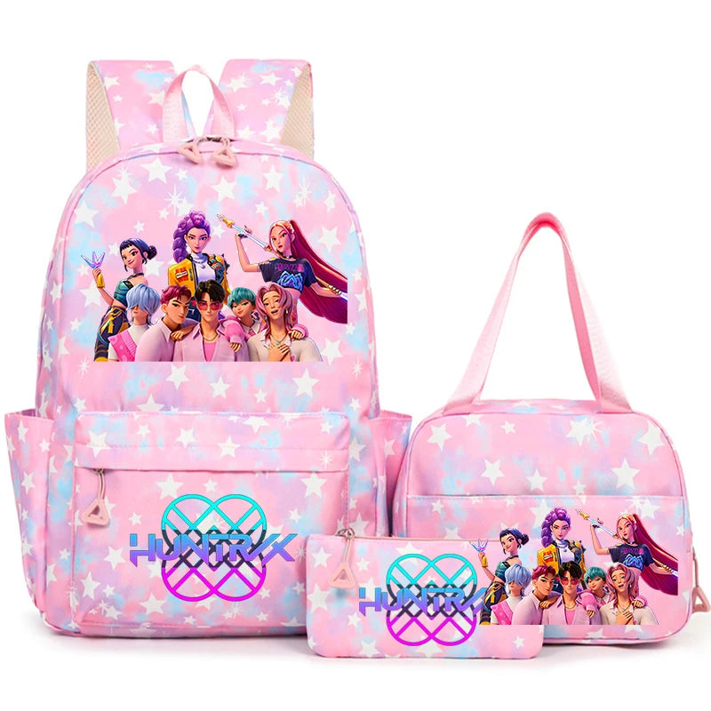 A pink backpack set featuring characters from the My Little Pony franchise with star patterns.